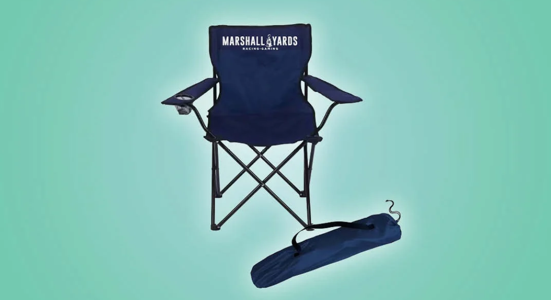 Marshall Yards Navy Blue Bag chair on light blue background