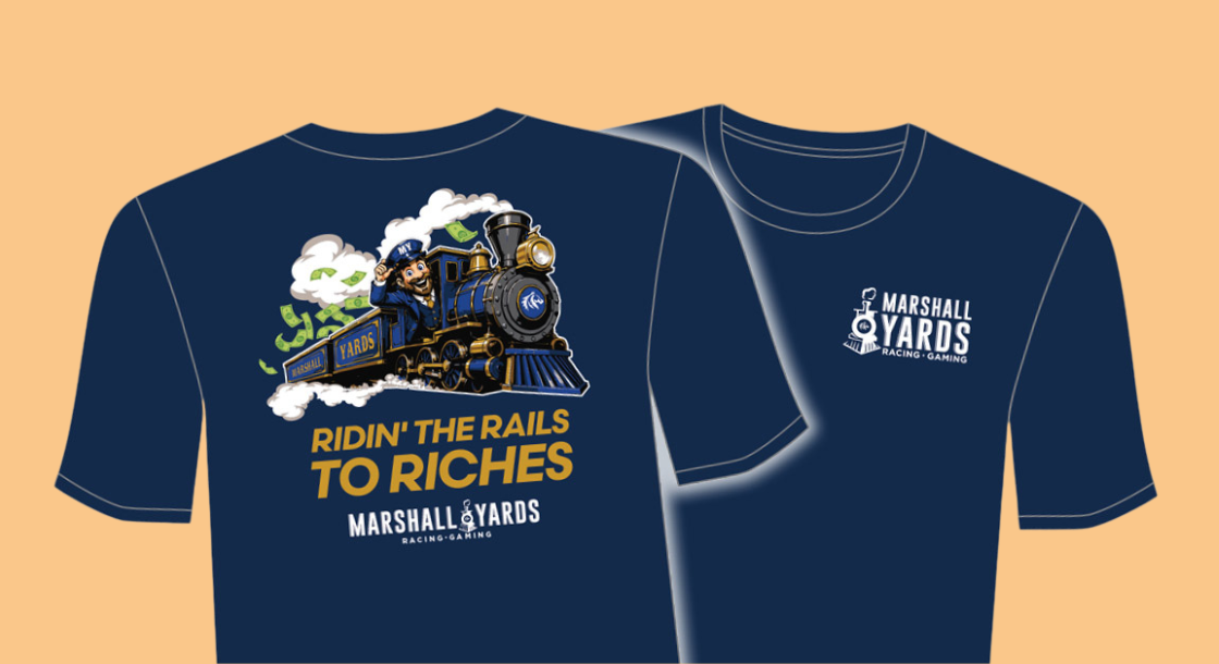Blue T-Shirt with Marshall Yards Train with money.