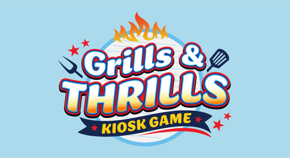 Grill with flames in front of Blue Background
